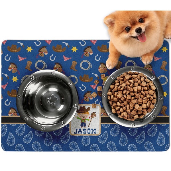 Custom Blue Western Dog Food Mat - Small w/ Name or Text