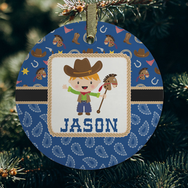 Blue Western Frosted Glass Ornament - Round (Lifestyle)