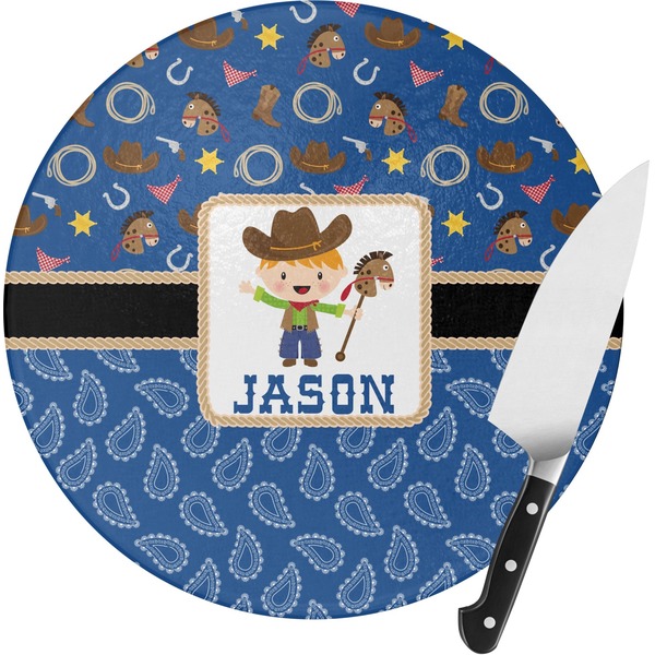 Custom Blue Western Round Glass Cutting Board - Medium (Personalized)