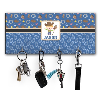 Blue Western Key Hanger w/ 4 Hooks w/ Graphics and Text