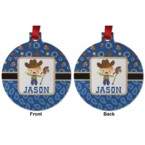 Blue Western Metal Ball Ornament - Front and Back