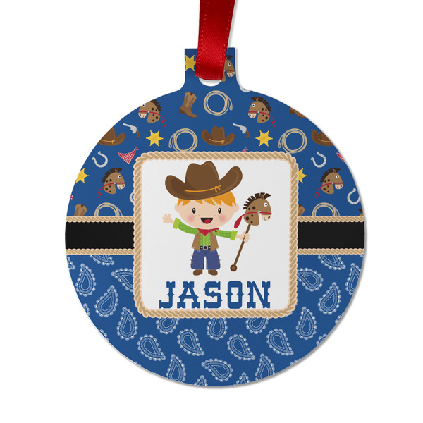 Custom Blue Western Metal Ball Ornament - Double Sided w/ Name or Text