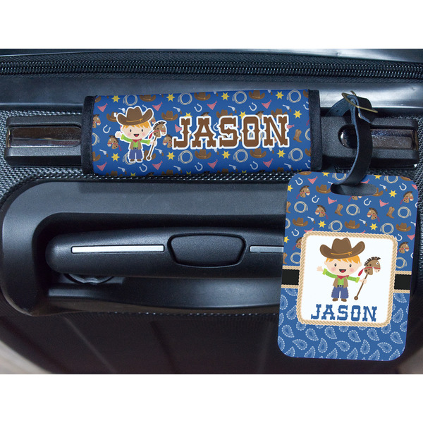 Blue Western Metal Luggage Tag & Handle Wrap - In Context