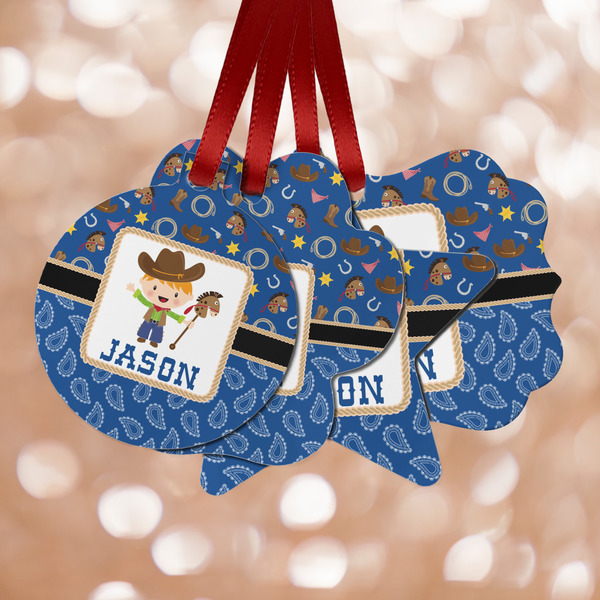Custom Blue Western Metal Ornaments - Double Sided w/ Name or Text