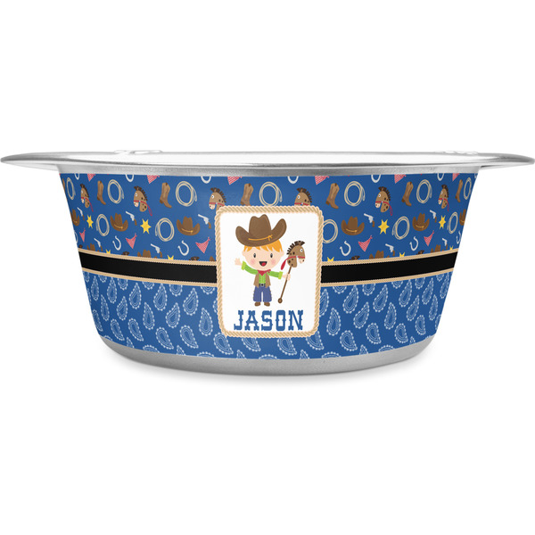 Custom Blue Western Stainless Steel Dog Bowl - Large (Personalized)