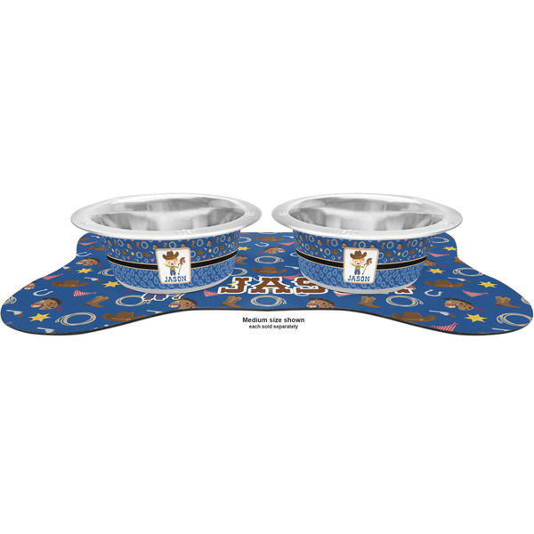 Blue Western Metal Pet Bowls - On Dog Bone Shaped Mat