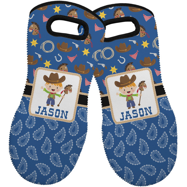 Custom Blue Western Neoprene Oven Mitts - Set of 2 w/ Name or Text
