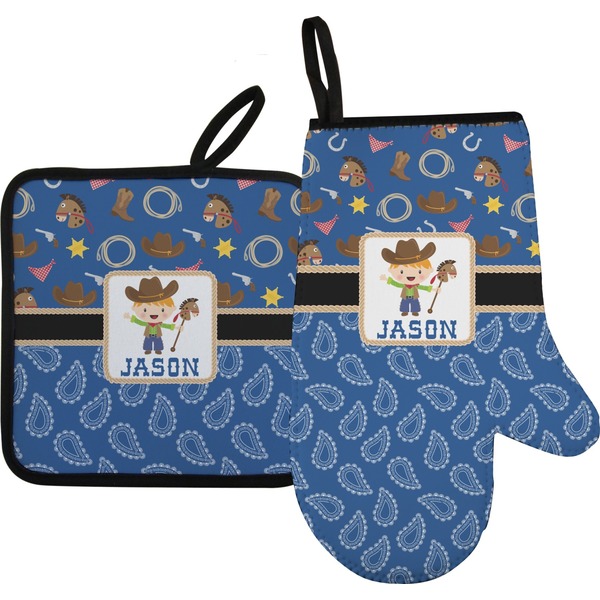 Custom Blue Western Right Oven Mitt & Pot Holder Set w/ Name or Text