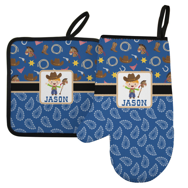 Custom Blue Western Left Oven Mitt & Pot Holder Set w/ Name or Text