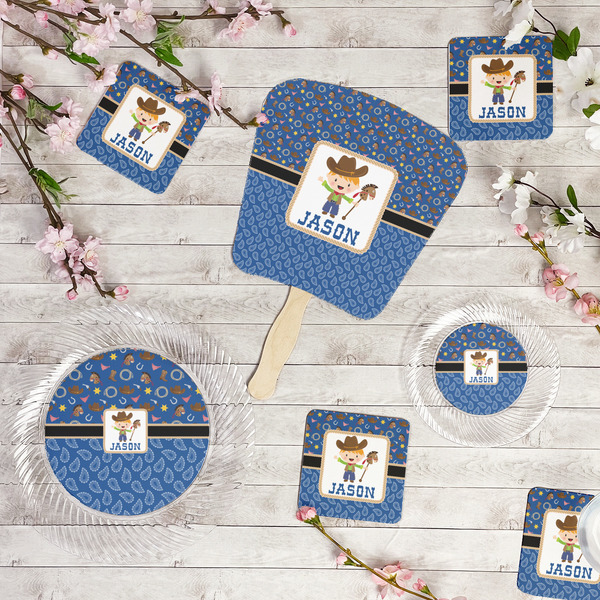 Blue Western Party Supplies Combination Image - All items - Plates, Coasters, Fans
