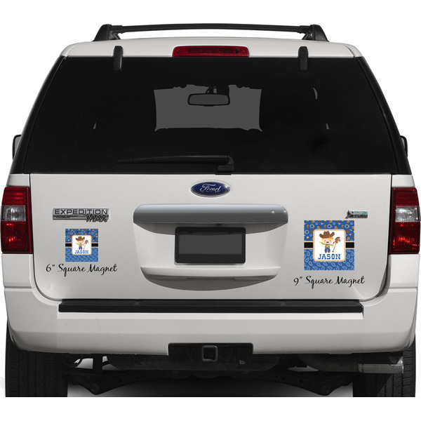 Blue Western Personalized Square Car Magnets on Ford Explorer