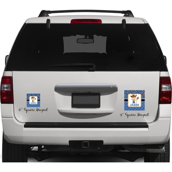 Blue Western Personalized Square Car Magnets on Ford Explorer