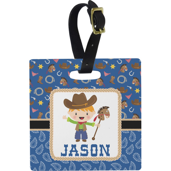 Custom Blue Western Plastic Luggage Tag - Square w/ Name or Text
