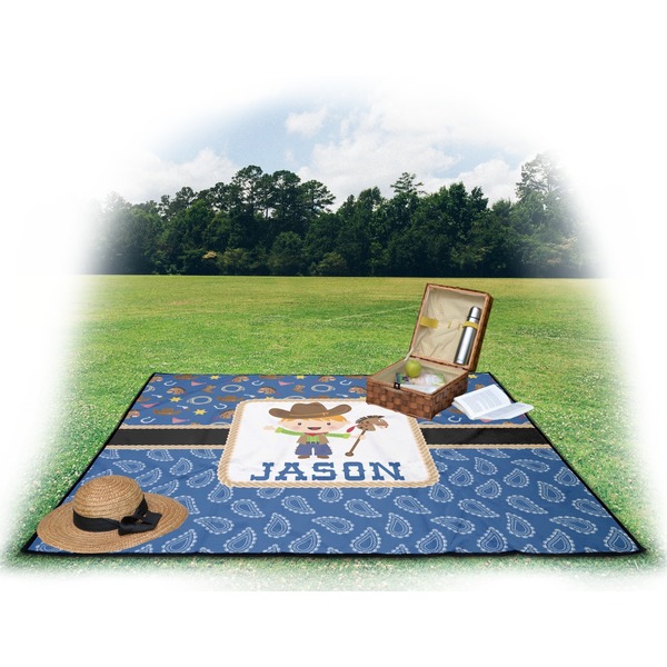 Blue Western Picnic Blanket - with Basket Hat and Book - in Use