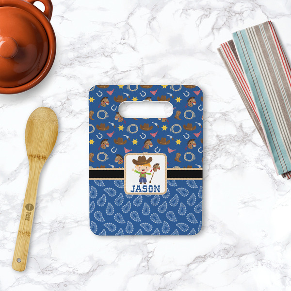 Blue Western Rectangle Trivet with Handle - LIFESTYLE