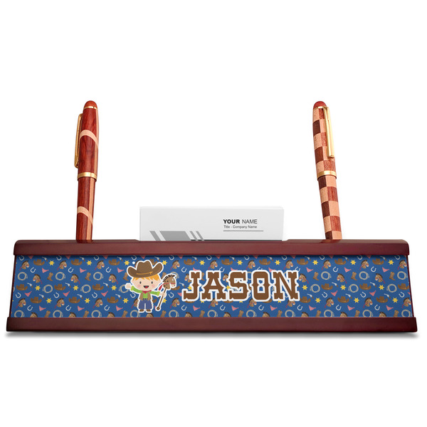 Blue Western Red Mahogany Nameplates with Business Card Holder - Straight