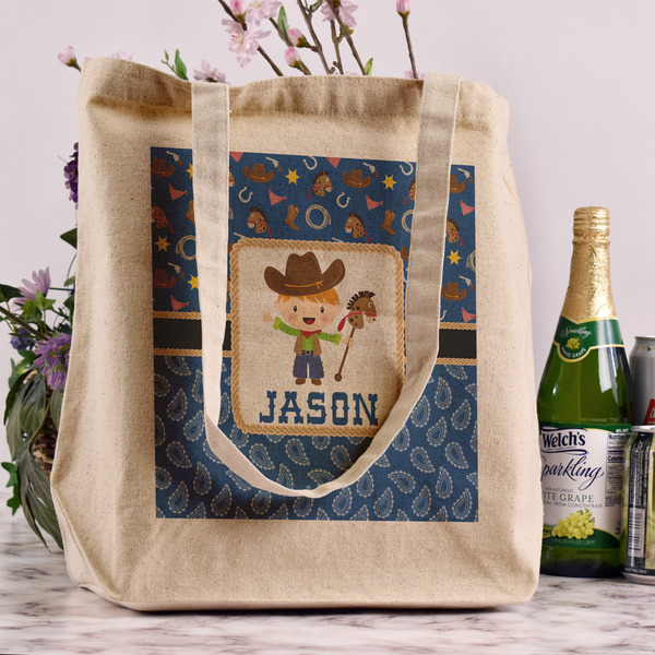 Blue Western Reusable Cotton Grocery Bag - In Context