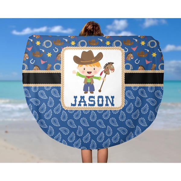 Blue Western Round Beach Towel - In Use