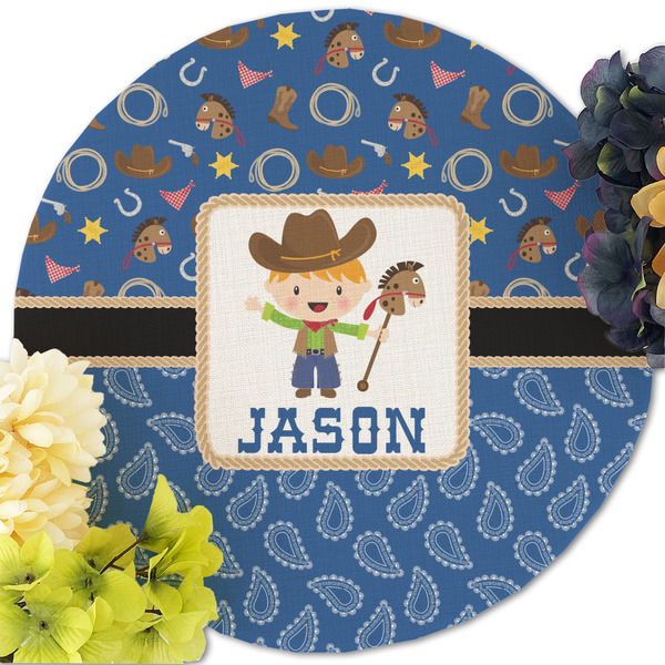 Blue Western Round Linen Placemats - Front (w flowers)