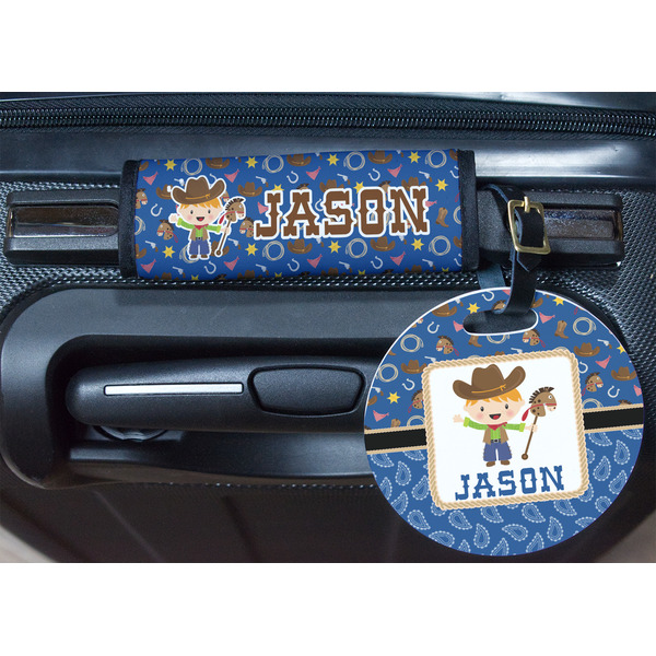 Blue Western Round Luggage Tag & Handle Wrap - In Context