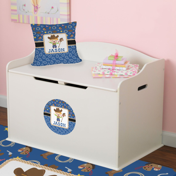 Blue Western Round Wall Decal on Toy Chest