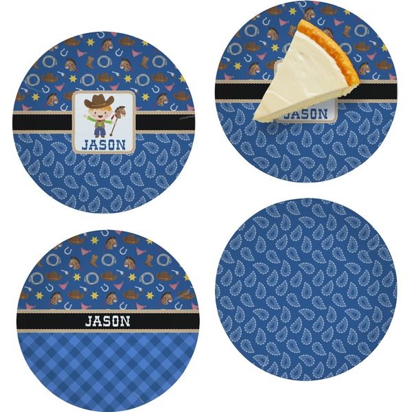 Custom Blue Western Set of 4 Glass Appetizer / Dessert Plate 8" (Personalized)