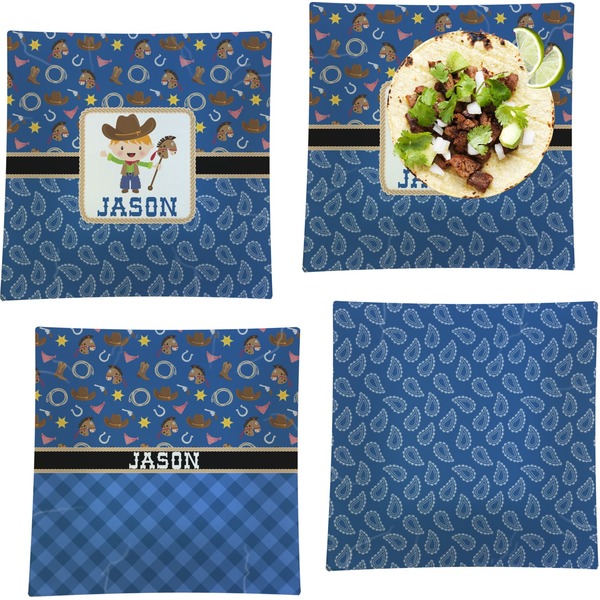 Custom Blue Western Set of 4 Glass Square Lunch / Dinner Plate 9.5" (Personalized)