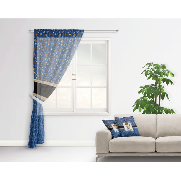 Blue Western Sheer Curtain With Window and Rod - in Room Matching Pillow