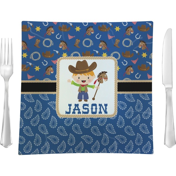 Custom Blue Western 9.5" Glass Square Lunch / Dinner Plate- Single or Set of 4 (Personalized)