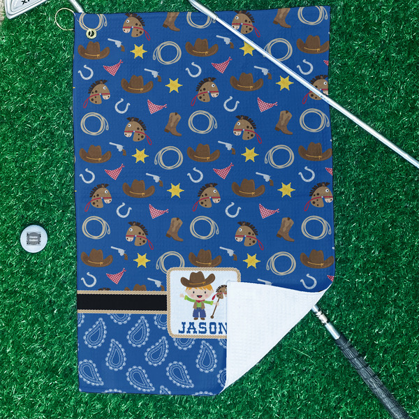 Blue Western Waffle Weave Golf Towel - In Context