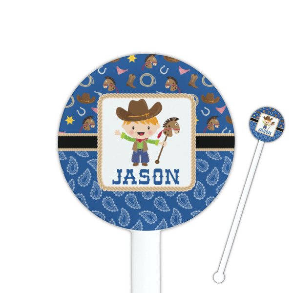 Custom Blue Western 5.5" Round Plastic Stir Sticks - White - Single Sided (Personalized)