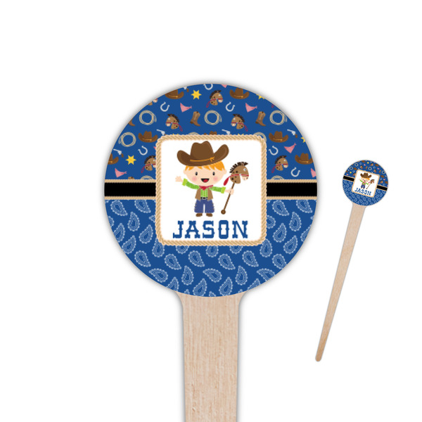 Custom Blue Western 4" Round Wooden Food Picks - Double Sided (Personalized)