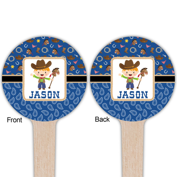 Blue Western Wooden 4" Food Pick - Round - Double Sided - Front & Back