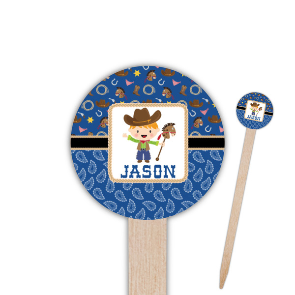 Custom Blue Western 6" Round Wooden Food Picks - Double Sided (Personalized)