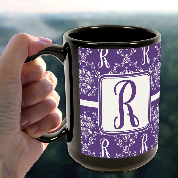 Initial Damask 15oz. Black Mug - LIFESTYLE