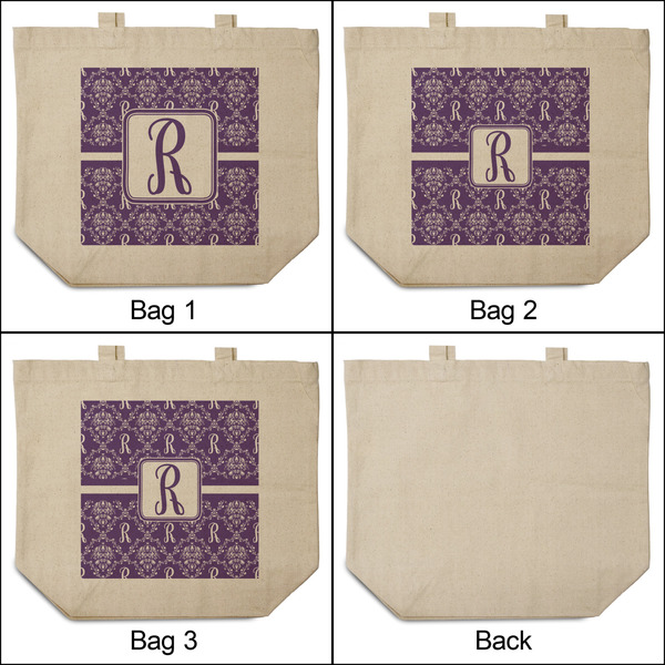 Initial Damask 3 Reusable Cotton Grocery Bags - Front & Back View