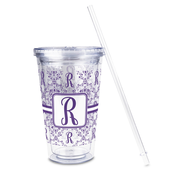 Initial Damask Acrylic Tumbler - Full Print - Front straw out