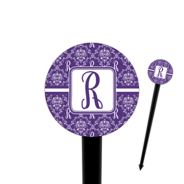Custom Initial Damask 4" Round Plastic Food Picks - Black - Single Sided