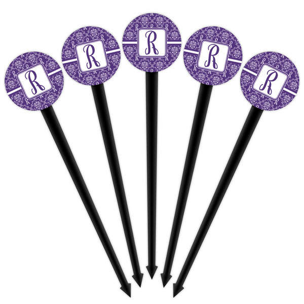 Initial Damask Black Plastic 4" Food Pick - Round - Fan View