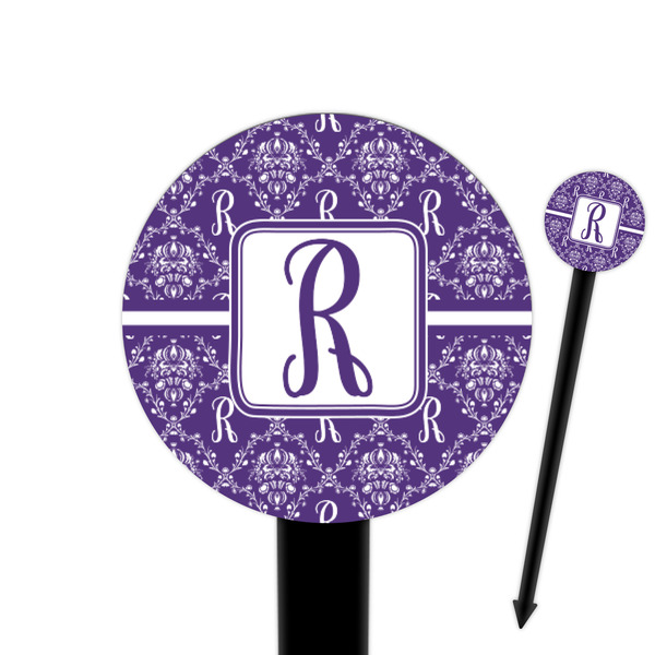 Custom Initial Damask 6" Round Plastic Food Picks - Black - Single Sided