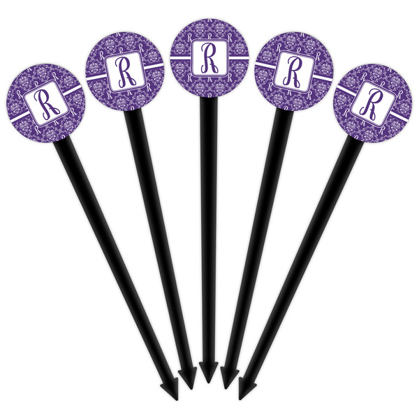 Initial Damask Black Plastic 6" Food Pick - Round - Fan View