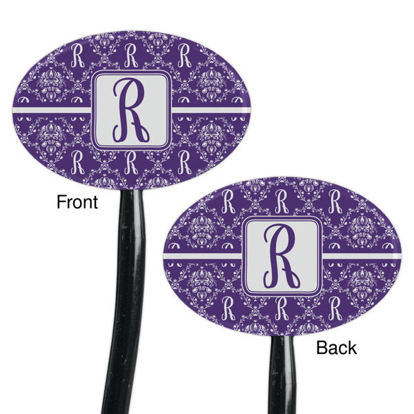 Initial Damask Black Plastic 7" Stir Stick - Double Sided - Oval - Front & Back