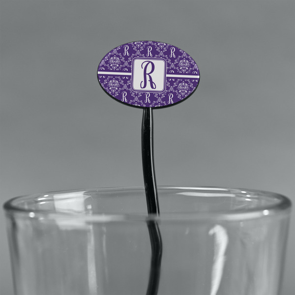 Initial Damask Black Plastic 7" Stir Stick - Oval - Main