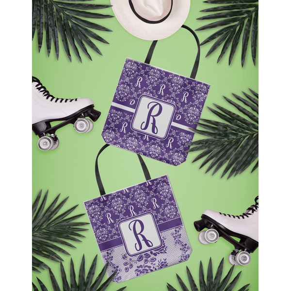 Initial Damask Canvas Tote Lifestyle Front and Back- 13x13