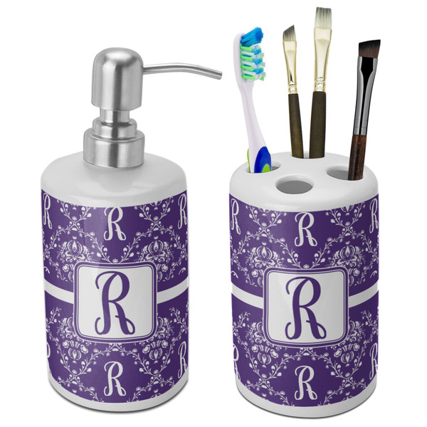Custom Initial Damask Ceramic Bathroom Accessories Set