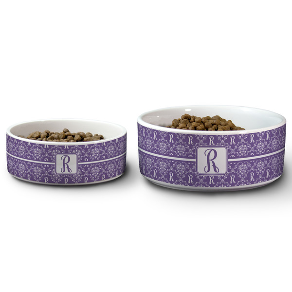 Initial Damask Ceramic Dog Bowls - Size Comparison