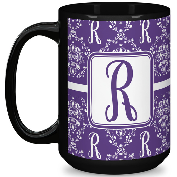 Custom Initial Damask 15 Oz Coffee Mug - Black