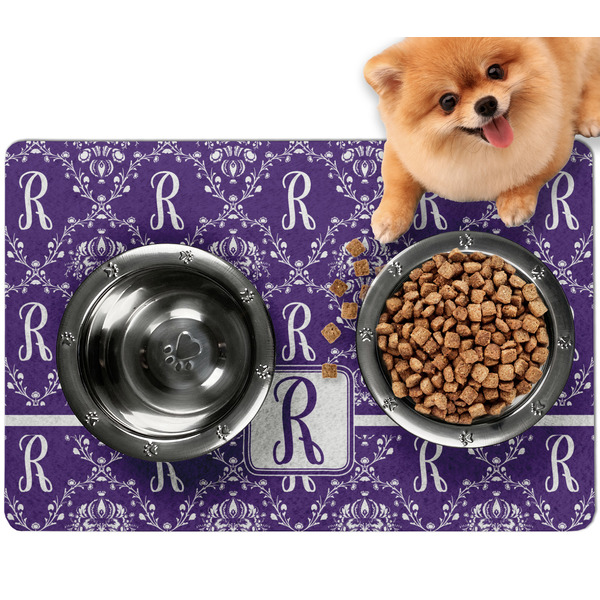Custom Initial Damask Dog Food Mat - Small