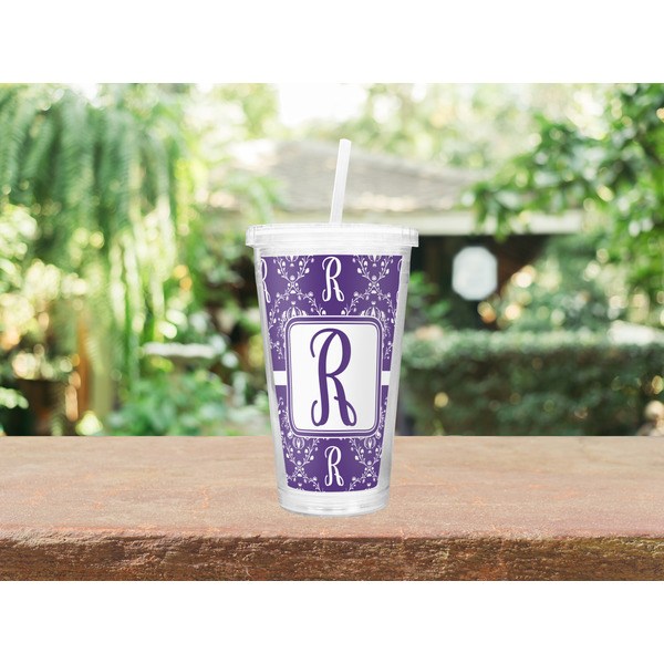 Initial Damask Double Wall Tumbler with Straw Lifestyle