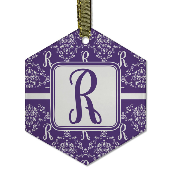 Initial Damask Frosted Glass Ornament - Hexagon